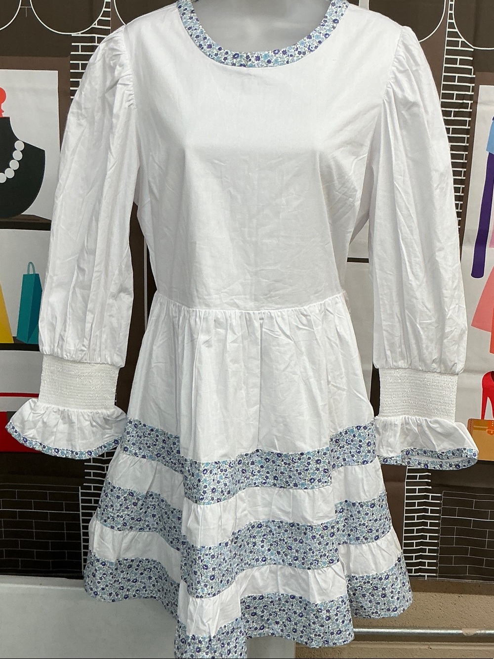 Pomander Place White Top with Blue and Purple Floral Trim. #2244